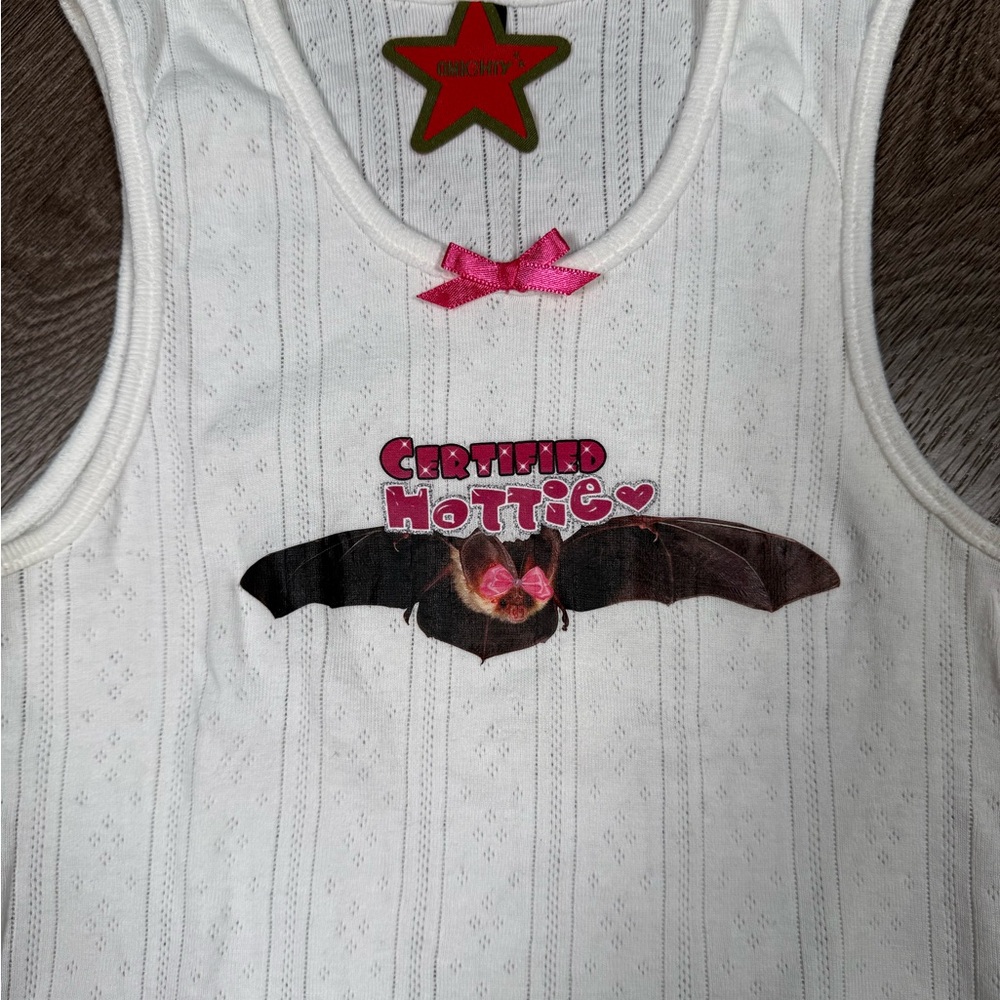 White Graphic Pointelle Tank Top with Pink Bow Accent - Picture 2 of 2
